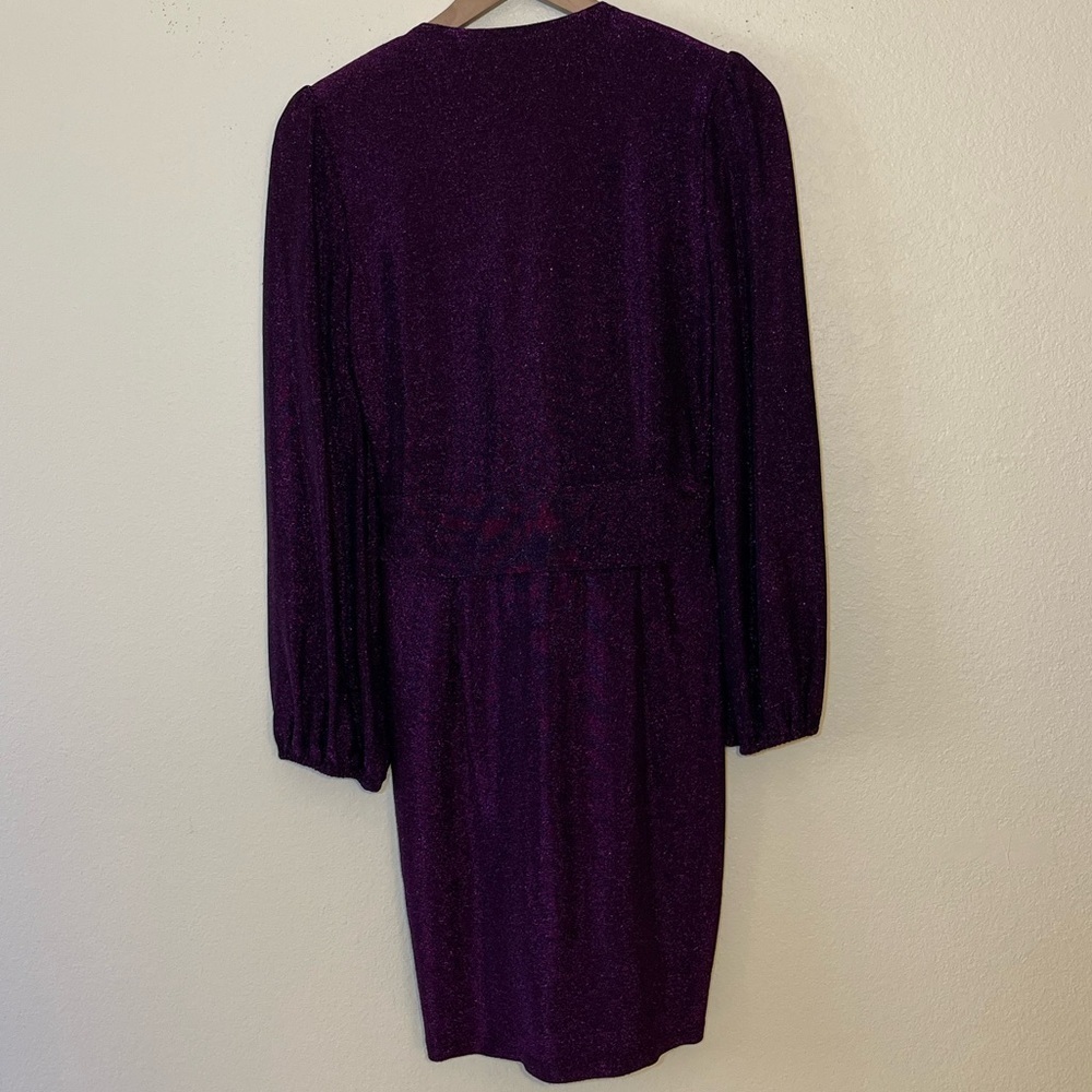 Saylor Purple Shimmer Faux Wrap Dress Ruched Waist Cocktail Holiday Party Glam - Picture 3 of 12